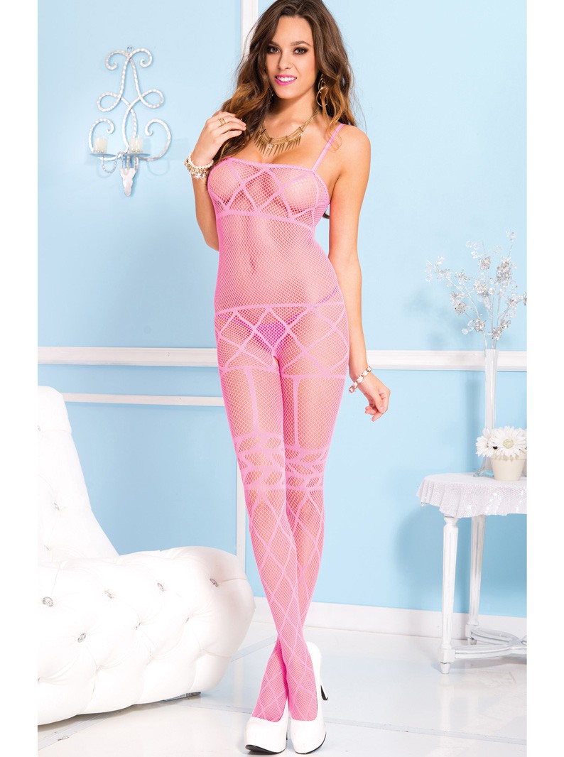 Pink Fishnet Criss-Cross Crotchless Bodystocking