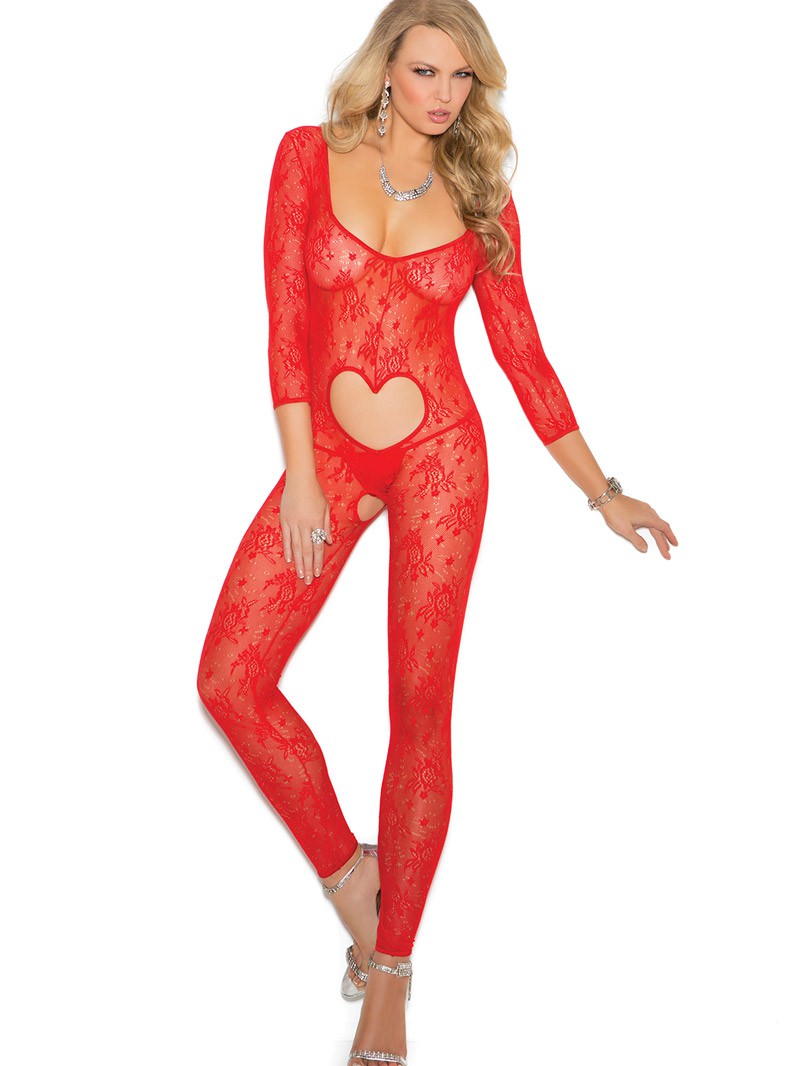 Red Lace Heart Cut-Out Footless Bodystocking W/ Open Crotch
