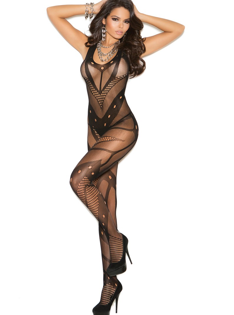 Black Seamless Knit Crotchless Bodystocking